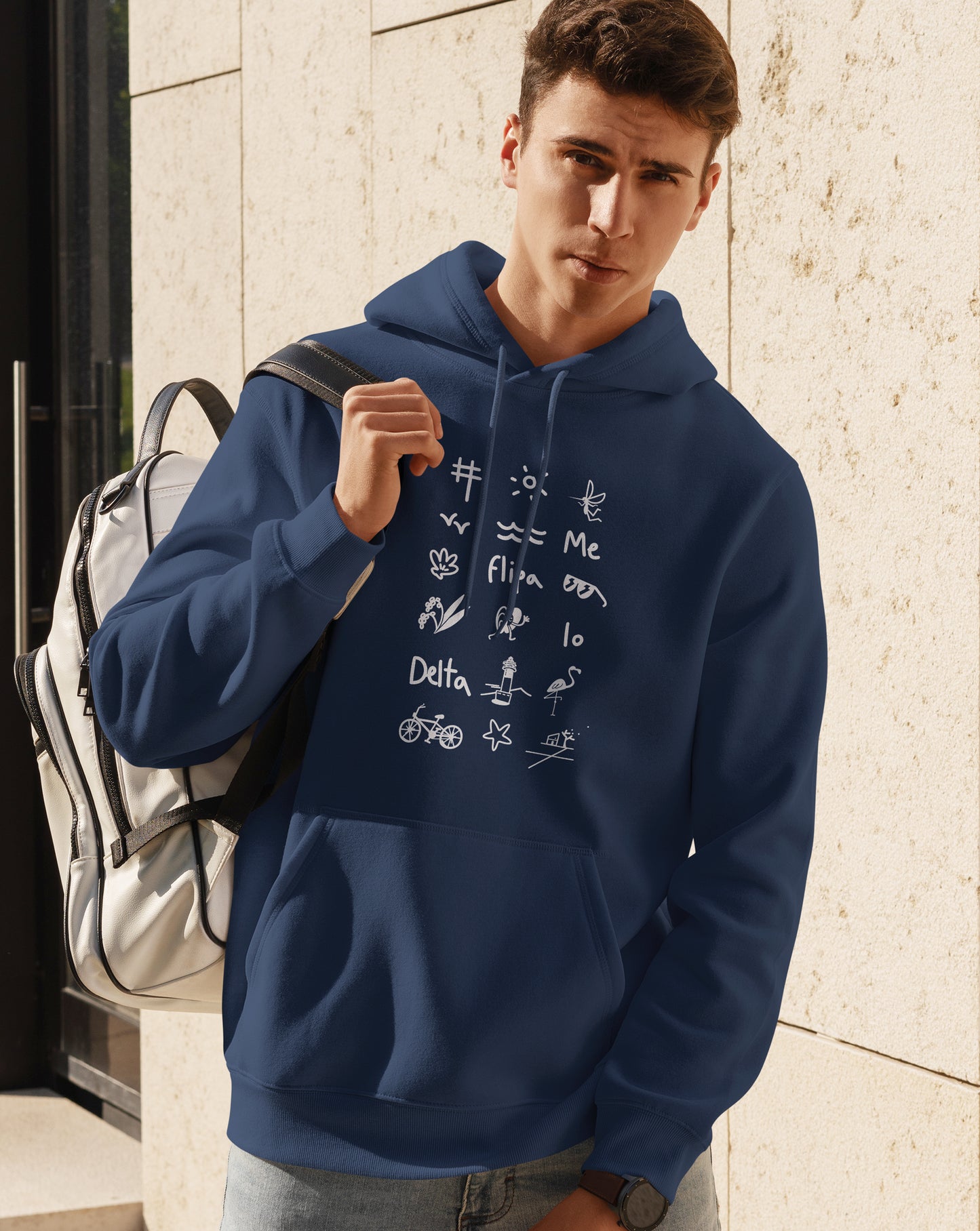 Sudadera unisex en azul marino capucha estampado iconos del Delta del Ebro