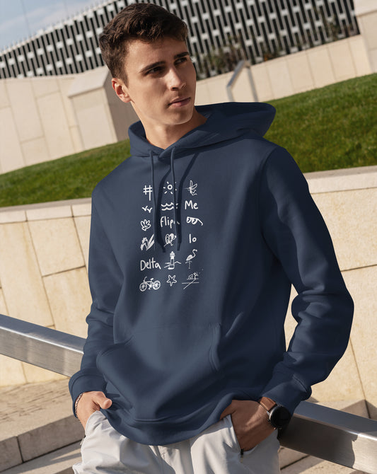 Sudadera unisex en azul marino capucha estampado iconos del Delta del Ebro