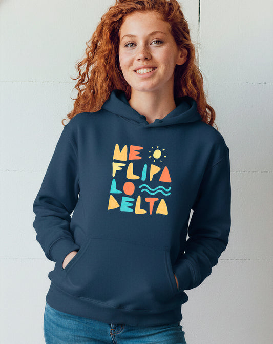 Sudadera de mujer en azul marino con capucha y estampado MeFlipaloDelta