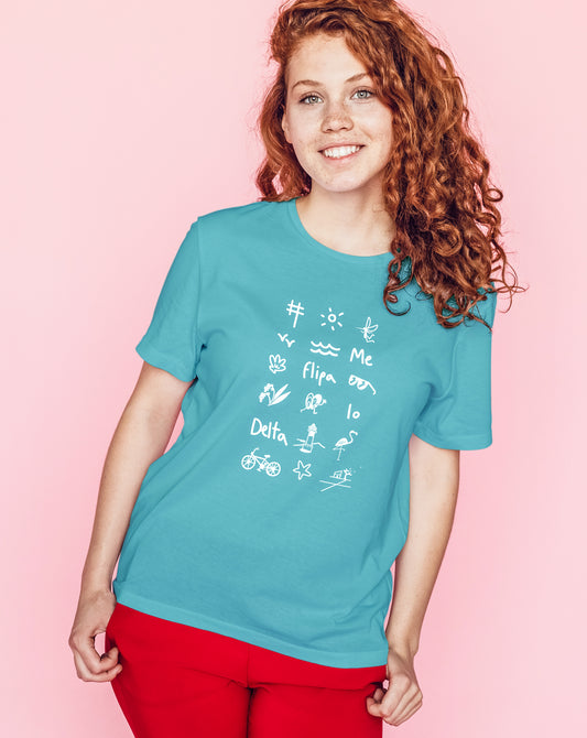 Camiseta manga corta unisex en verde agua y estampado iconos del Delta del Ebro