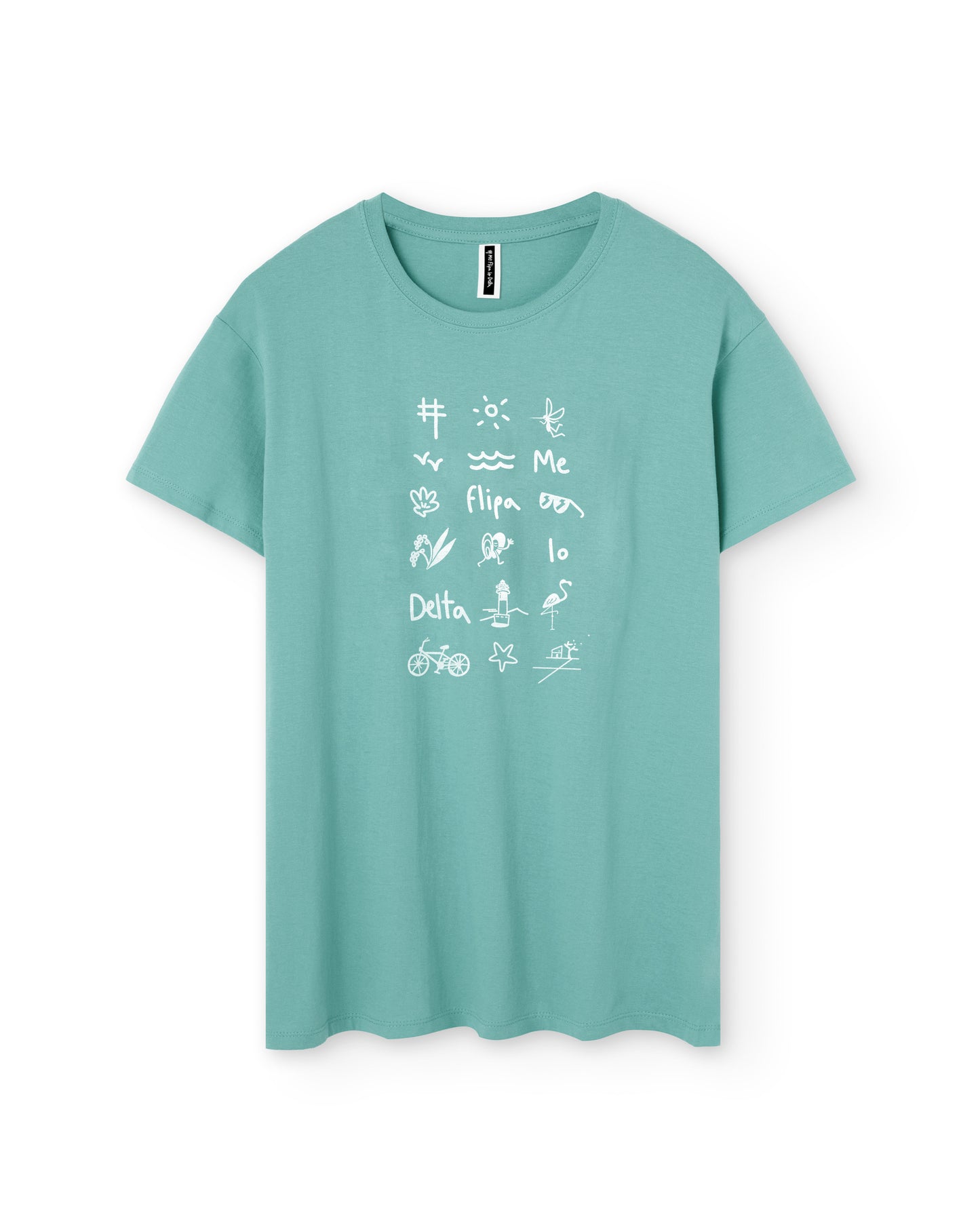 Camiseta manga corta unisex en verde agua y estampado iconos del Delta del Ebro