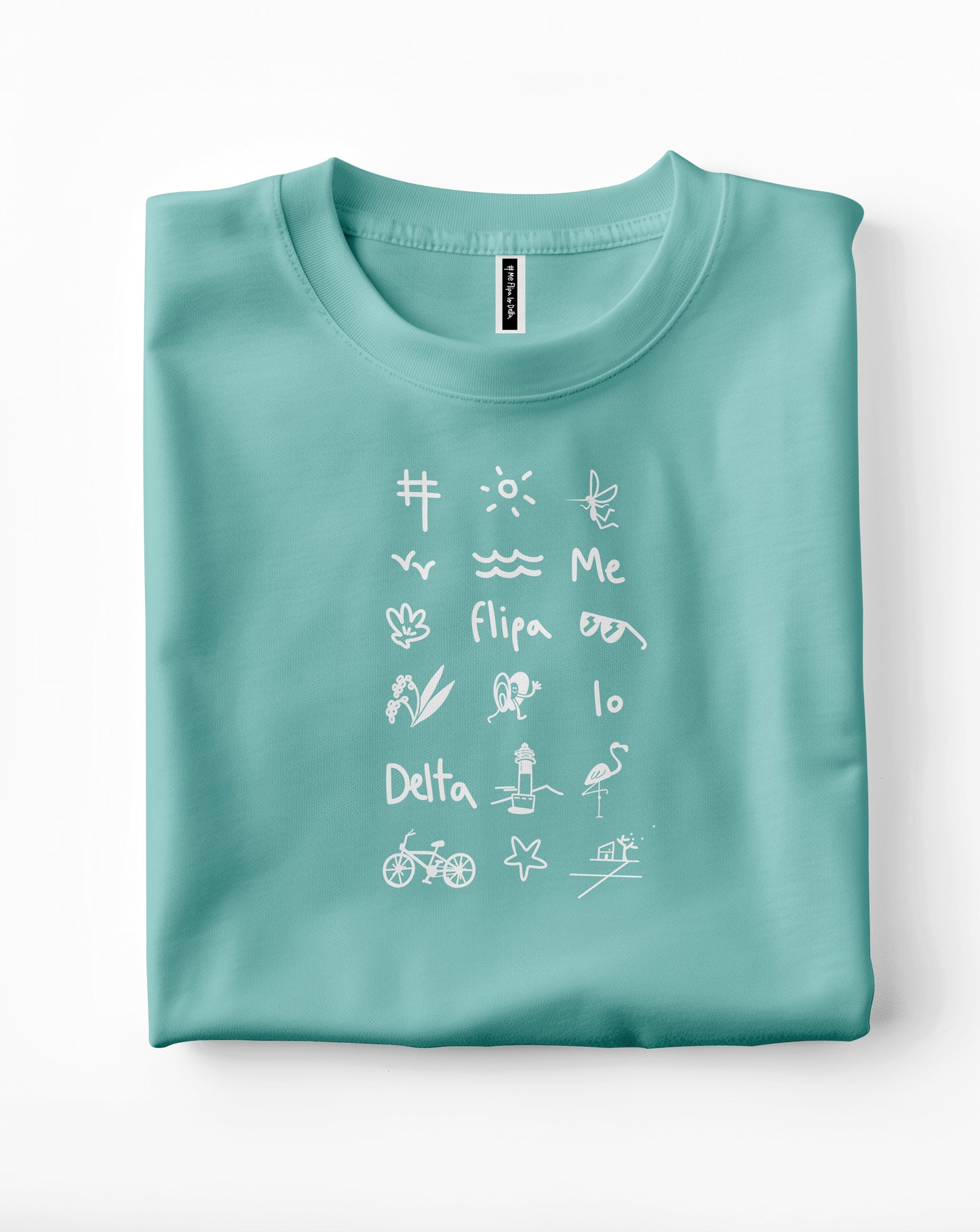 Camiseta manga corta unisex en verde agua y estampado iconos del Delta del Ebro