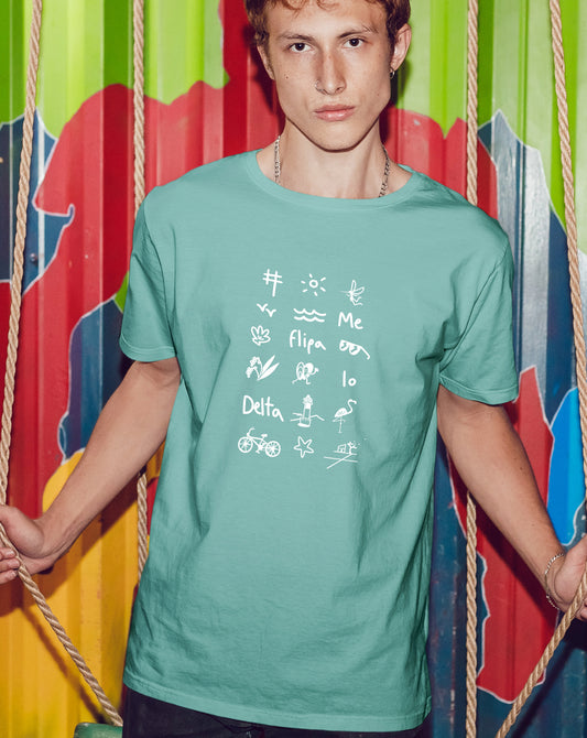 Camiseta manga corta unisex en verde agua y estampado iconos del Delta del Ebro